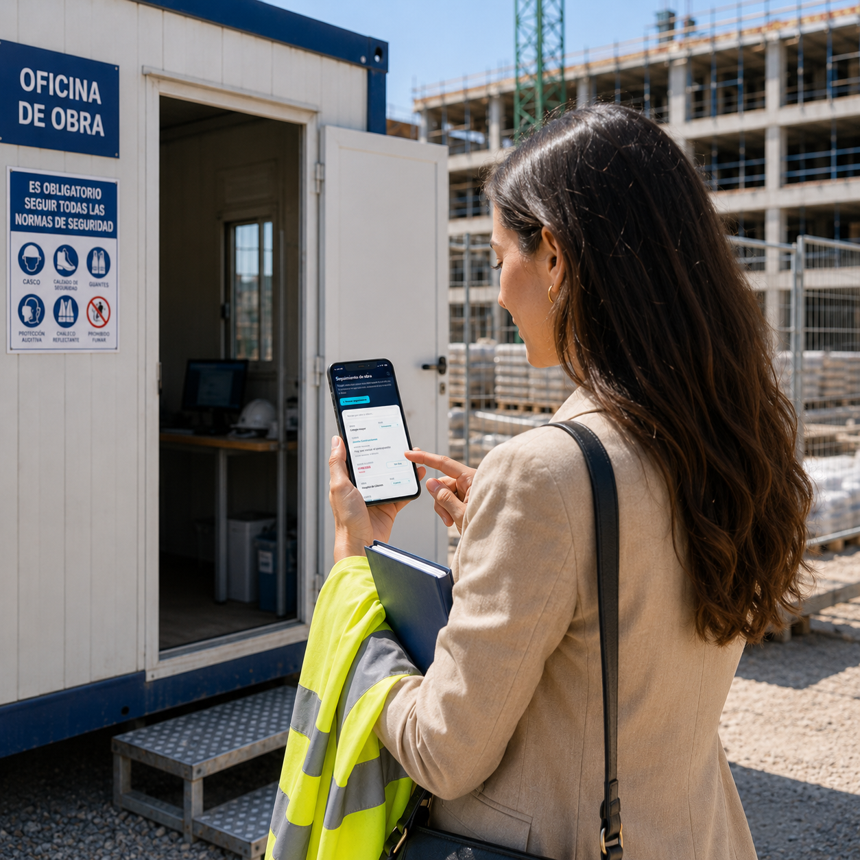 Comercial de obra consultando SeguirIA en su móvil junto a una caseta de obra